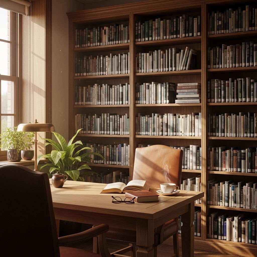 A quiet reading room with natural wood shelving filled with books on nutrition and botany, warm ambient light creating an atmosphere of scholarly inquiry