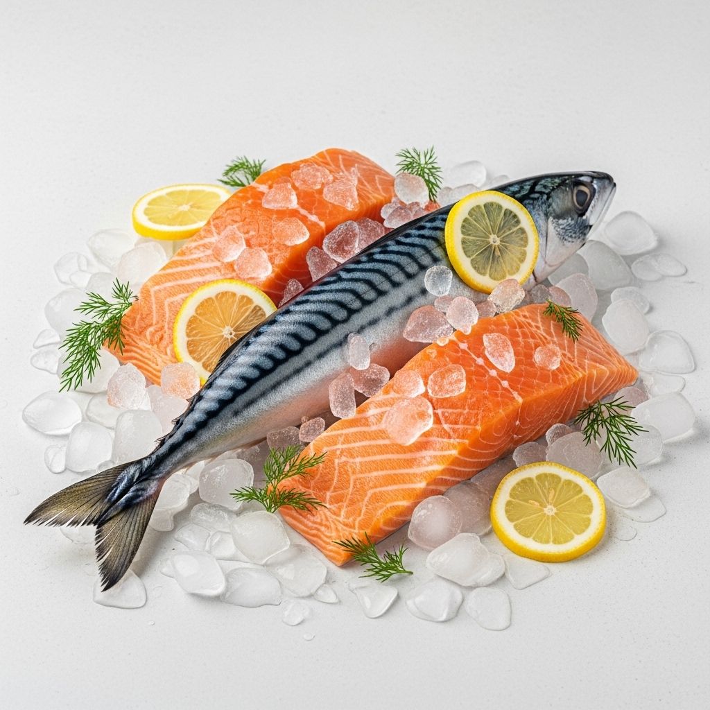 Fresh whole mackerel and salmon fillets on crushed ice with scattered lemon slices and dill, presented in a clean culinary still life composition