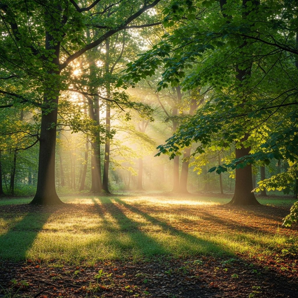 Peaceful forest clearing at dawn with soft golden light filtering through tall trees, symbolising natural vitality and calm well-being